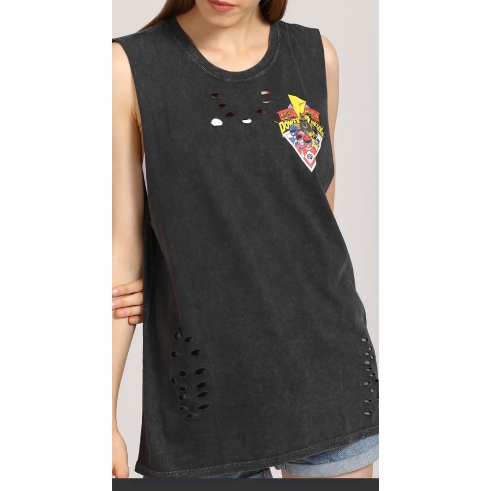 Mighty Morphin Power Rangers Distressed Acid Wash Muscle Tank Top Women S Gray